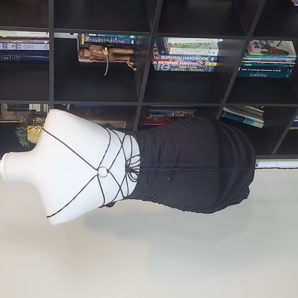 LUCY IN THE SKY Black with Red Sparkle Cowl Neck Ruched Side Strappy Mini Dress - Picture 7 of 13